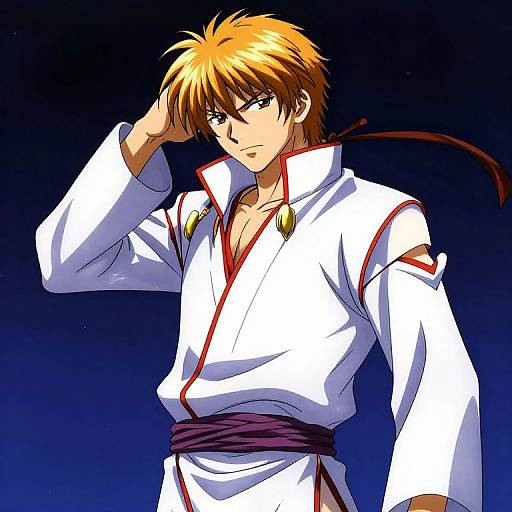 Digital anime-style drawing of a young man with orange spiky hair, wearing a white martial arts uniform with red trim, gold buttons, and a purple