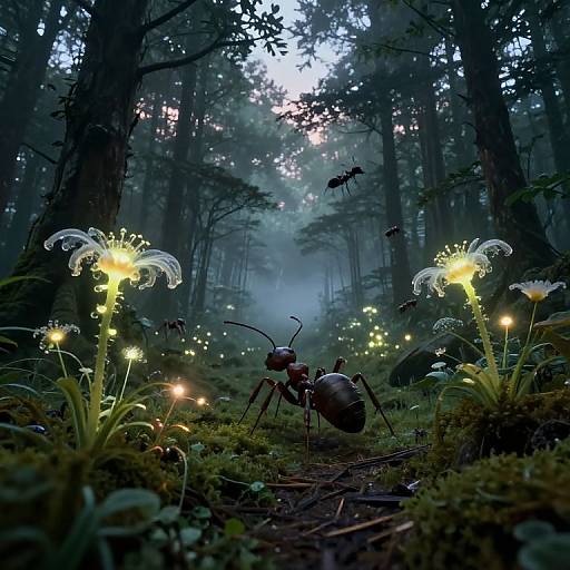 Photorealistic digital art of a forest at twilight, featuring a large ant with glowing fungi and fireflies illuminating the mossy, dense woods.