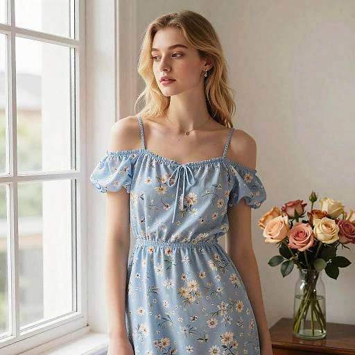 Blonde woman in blue off-shoulder floral dress stands by sunlit window, with a vase of roses on wooden table. Photograph.
