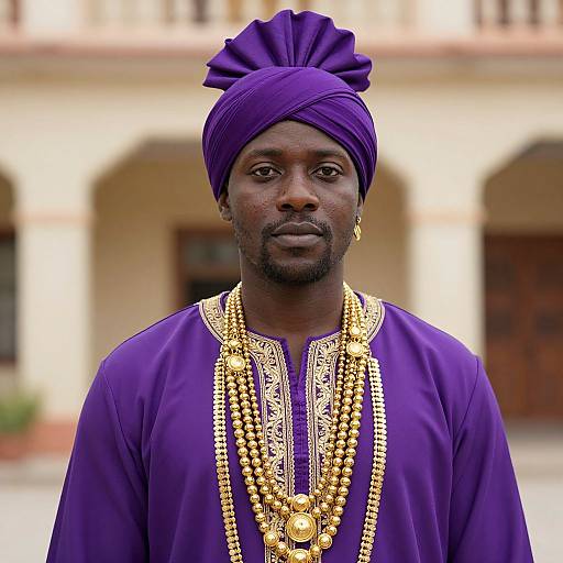 Photograph of a dark-skinned African man wearing a purple turban, matching robe, and multiple gold necklaces, standing in front of a blurred
