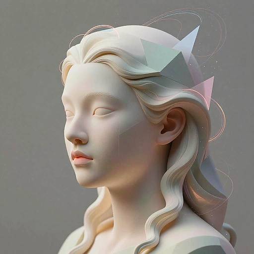 Digital sculpture of a serene, white marble-like female bust with flowing hair, adorned with glowing, translucent geometric shapes on the right side.