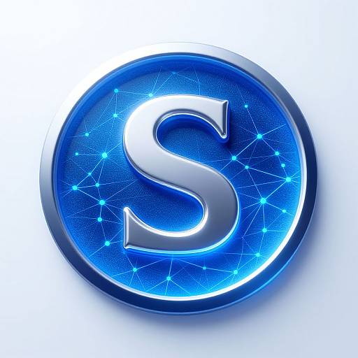 Glossy blue circular emblem with a large, shiny silver letter 