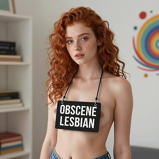 Curly Red-Haired Woman with Sign