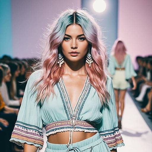 Fashion model with pastel hair on runway