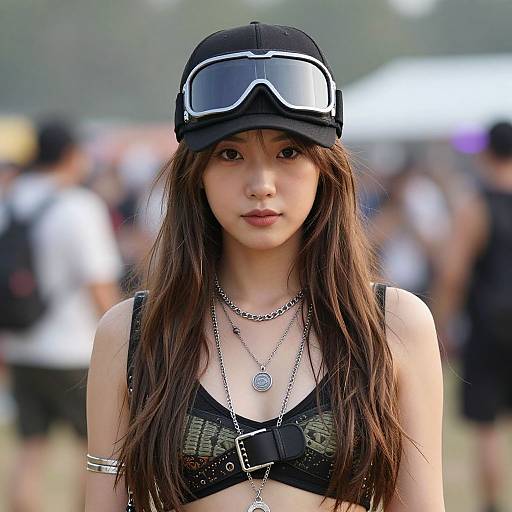 Photograph of an Asian woman with long brown hair, wearing a black cap, goggles, black lace bra, silver necklaces, and a silver arm