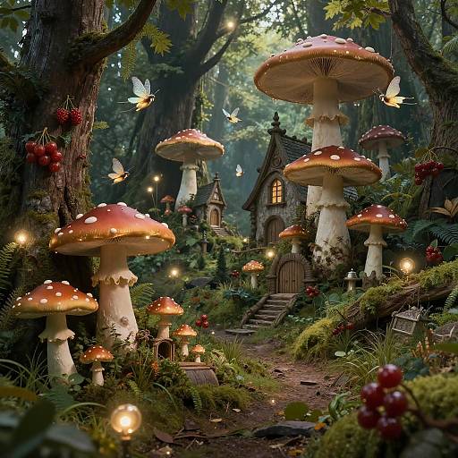 Whimsical forest scene: giant orange-spotted mushrooms surround a fairy-tale cottage, lit by glowing fireflies and small fairy lights, surrounded by