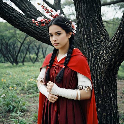 Woman in Traditional Red Mai Costume with Bandaged Arms