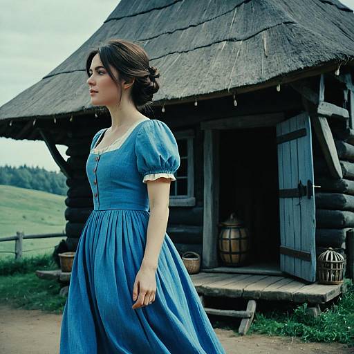 Photograph of a young woman with fair skin and brown hair in a blue, 19th-century style dress, standing in front of a rustic,