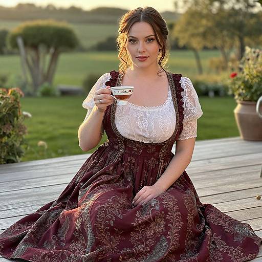 Photograph of a fair-skinned woman with brown hair in a white lace blouse and maroon floral dress, holding a teacup, seated on