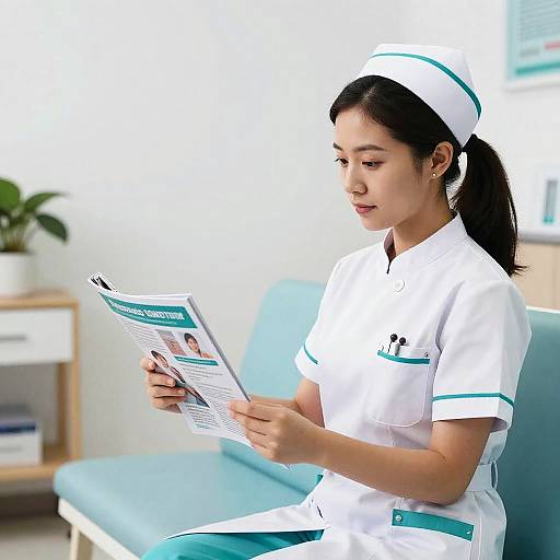 Young Asian Nurse Reading Medical Catalog