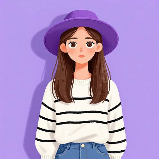 Digital illustration of a young woman with long brown hair, wearing a purple hat, white striped sweater, and blue jeans, against a lavender background.