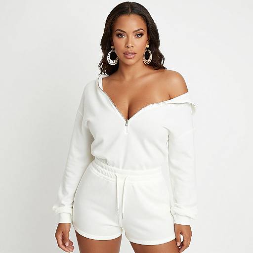 Photograph of a confident, dark-skinned woman with long black hair, wearing a white off-shoulder zip-up romper and large hoop earrings