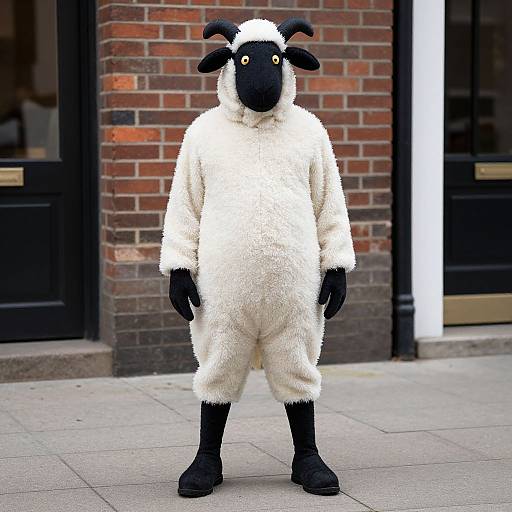Photograph of a person in a fluffy white sheep costume with black face, ears, hands, and feet, standing on a city sidewalk in front of