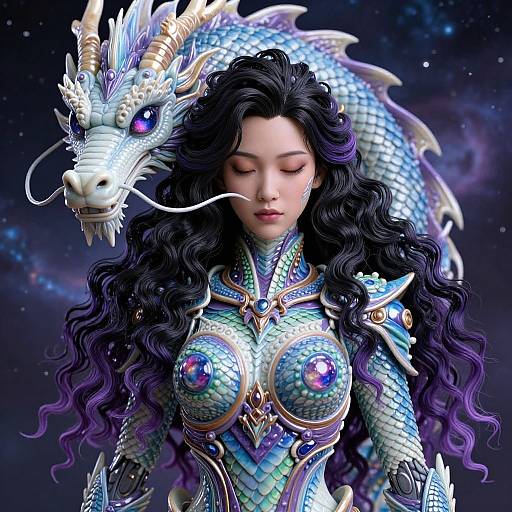 Digital art of a beautiful Asian woman with long black wavy hair, wearing shimmering blue dragon-scale armor, accompanied by a white dragon with blue eyes