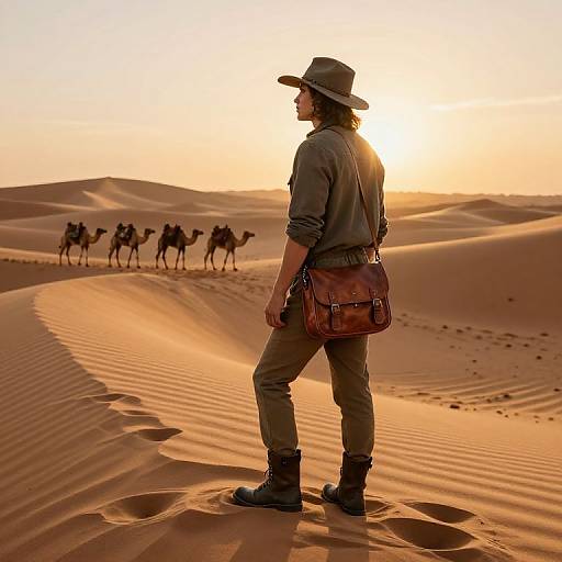 Photograph of a man in a hat, jacket, and boots, standing in a sunlit desert, observing a caravan of camels. Golden sand