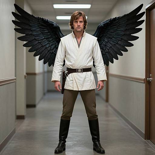 Photograph of a serious man with brown hair, wearing a white robe, brown pants, black boots, and black angel wings, standing in a long