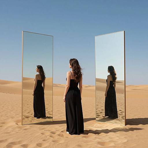 Photograph of a woman in a black, sleeveless dress standing in a desert, reflected in two large, vertical mirrors against a clear blue sky.