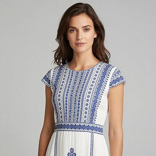 Woman in White and Blue Dress