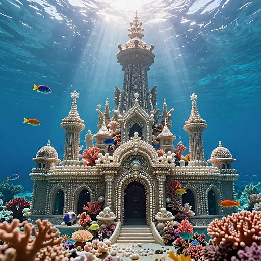 Photograph of an underwater scene featuring a detailed, pearl-adorned palace surrounded by colorful corals and tropical fish, bathed in sunlight filtering from