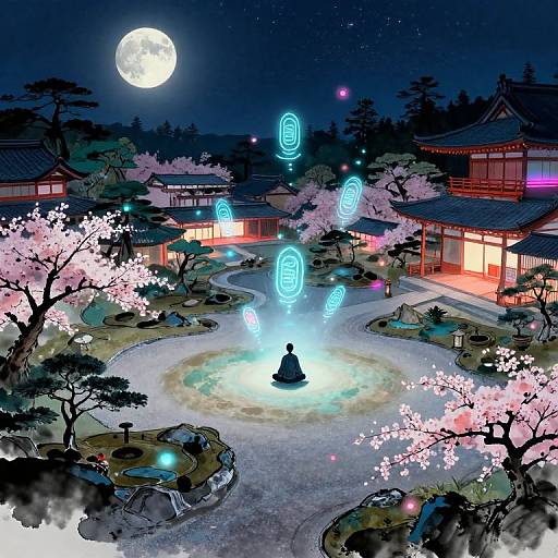 Digital anime-style painting of a serene night garden with glowing blue symbols, a seated figure, cherry blossoms, traditional Japanese buildings, and a full moon