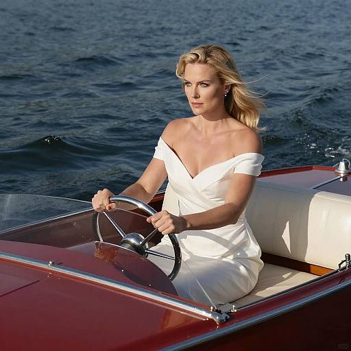 Blonde Woman Steering Red Boat