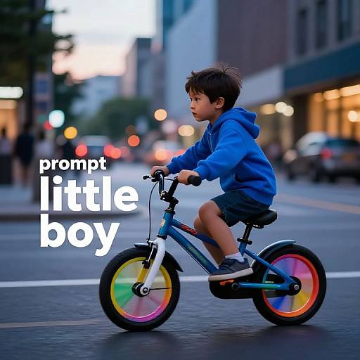 Boy on Rainbow Bicycle at Dusk