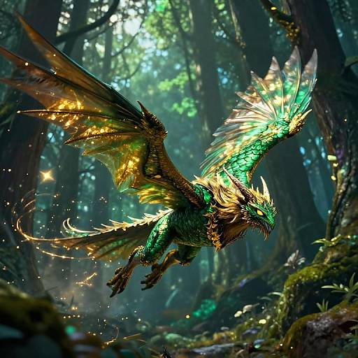 Digital fantasy artwork of a vibrant green, fiery-winged dragon soaring through a misty, enchanted forest with glowing light filtering through trees.