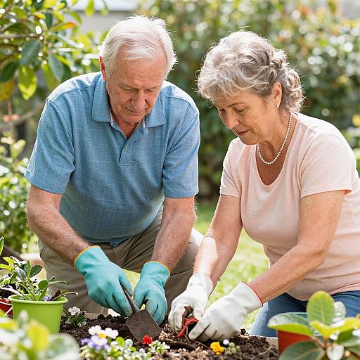 Photograph of an elderly white couple, both with short gray hair, wearing gloves and casual clothing, planting colorful flowers in a sunny garden.