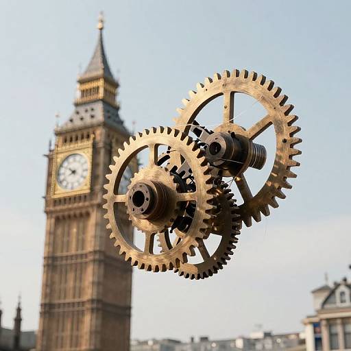 Photograph of intricate brass clock gears in the foreground, with the iconic Big Ben clock tower blurred in the background.