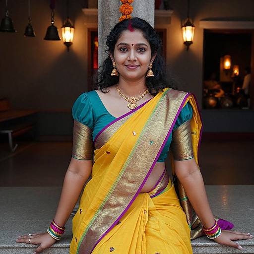 Photograph of a smiling Indian woman with dark curly hair, wearing a yellow and green sari with gold trim, teal blouse, gold bangles,