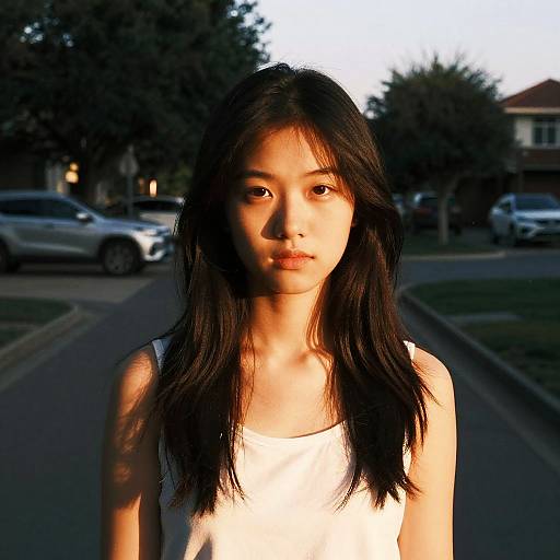 Photograph of an East Asian woman with long black hair, wearing a white tank top, standing on a suburban street at sunset, with cars and trees