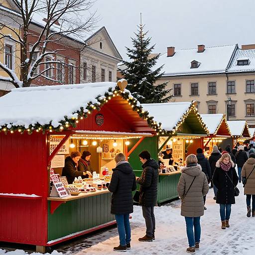Photograph of a snowy Christmas market with red and green wooden stalls, illuminated with lights, shoppers in winter coats browsing.