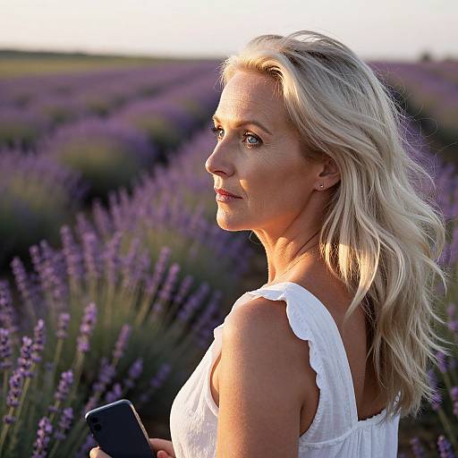 Photograph of a blonde woman with wavy hair, wearing a white sleeveless top, standing in a lavender field at sunset, holding a black tablet