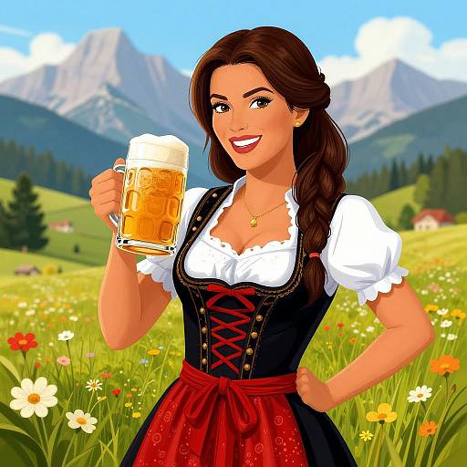 Digital illustration of a smiling brunette woman in a traditional Bavarian dress, holding a frothy beer mug, standing in a vibrant meadow with mountains in