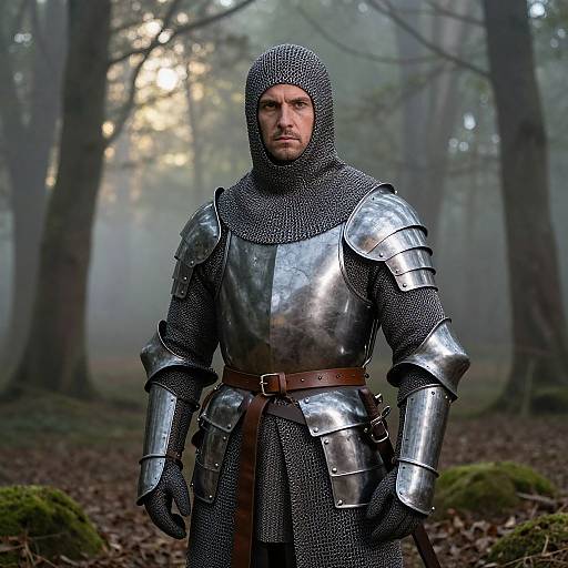 Serious Knight in Misty Medieval Forest