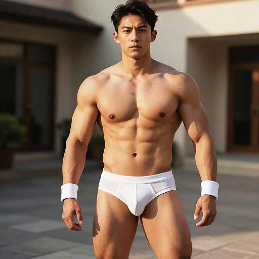 Photograph of a muscular, tan-skinned Asian man with short black hair, wearing white briefs and wristbands, standing confidently outdoors.