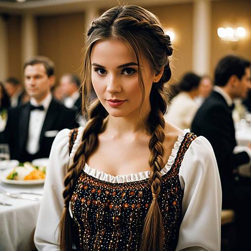 Woman in Traditional Beaded Dress at Banquet