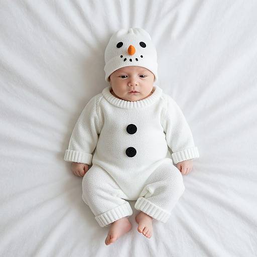 Photograph of a baby in a white knit snowsuit with black buttons and a matching white snowman hat, lying on a white bed.