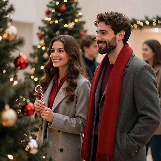 Cheerful Couple by Glowing Christmas Tree