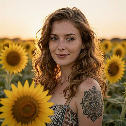 Photograph of a smiling, freckled woman with wavy brown hair, wearing a patterned sundress, standing in a sunlit sunflower