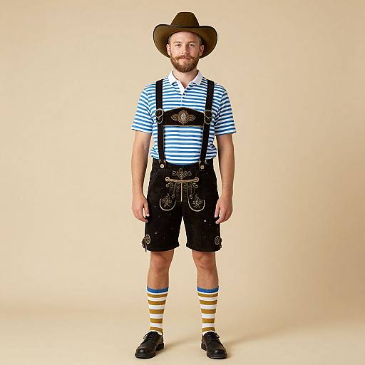 Photograph of a bearded man in a brown hat, blue and white striped shirt, black lederhosen, yellow-striped knee-high socks,