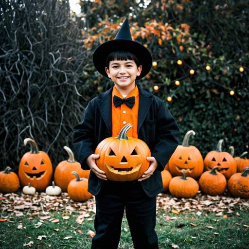 Boy in Halloween Witch Costume Holding Jack-o'-Lantern