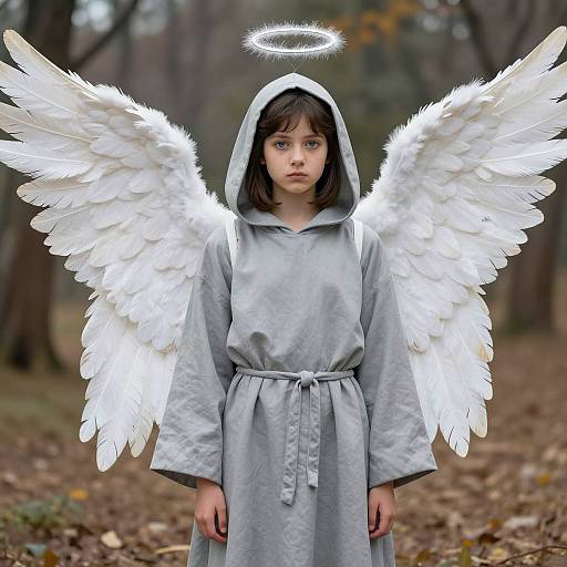 Teenage Girl in Grey Angel Costume with White Wings