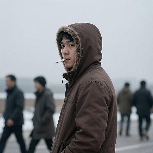 Man in Brown Hooded Jacket Smoking Cigarette Outdoors