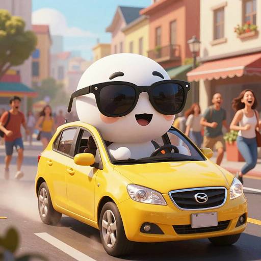 Cute white ghost with large black sunglasses driving a yellow Nissan, set in a sunny, bustling street scene with pedestrians. Digital illustration.