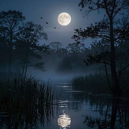 Moonlit night scene with full moon, silhouetted trees, and birds flying over a reflective, misty marshland. Dark blue hues dominate