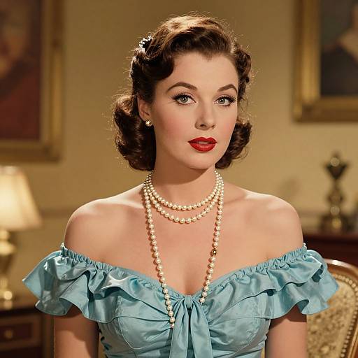 Vintage-style photograph of a fair-skinned woman with red lipstick, wearing a blue off-shoulder dress and pearl necklace, in an elegantly decorated