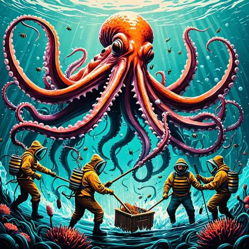 Fantasy Beekeepers Battling Giant Squid