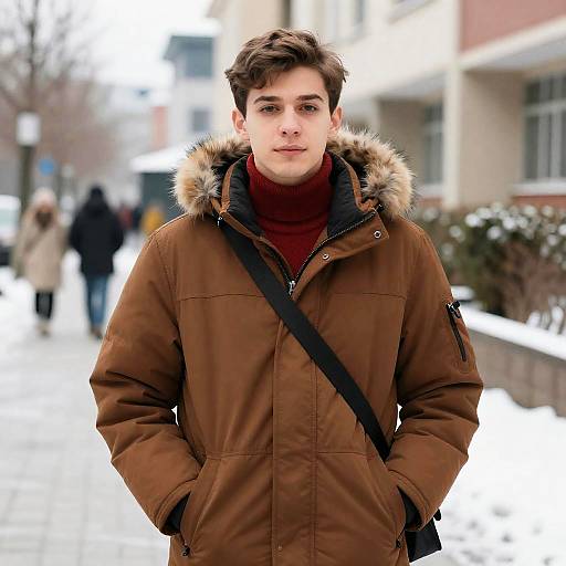 Young Man in Winter Attire on Snowy Sidewalk