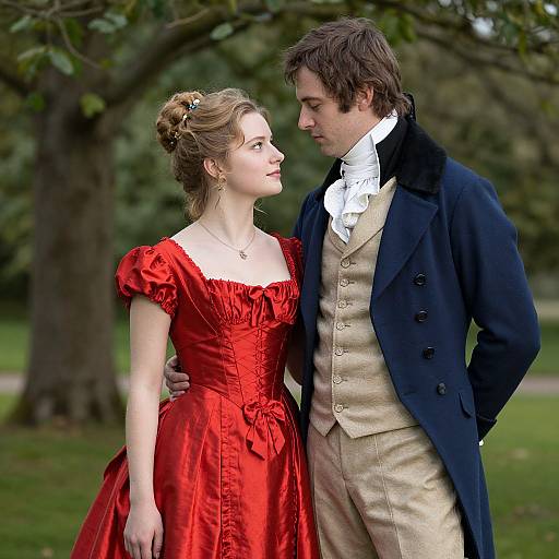 Photograph of a fair-skinned couple in Regency-style attire; she wears a red dress, he wears a navy coat, beige vest, and